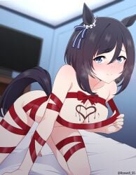 1girls black_hair blue_eyes eishin_flash_(umamusume) heavy_breathing horse_ears horse_girl large_breasts looking_at_viewer naked_ribbon red_ribbon roswell-ss short_hair solo thighs umamusume umamusume_pretty_derby