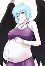 1girls big_belly big_breasts black_wings blue_hair blush bra clothing demon_girl demon_wings ear_rings green_hair holding_belly jewelry pale_skin pregnant ready_to_pop red_eyes short_hair super_doll_licca-chan white_skin wings