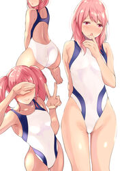 1girls arm_behind_back armpit ass back bang_dream! blush breasts covering_eyes female hair_down hand_on_mouth identity_censor legs maruyama_aya medium_hair one-piece_swimsuit open_mouth owafu peace_sign pink_eyes pink_hair posing simple_background small_breasts smile solo squatting standing sweat swimsuit twintails white_background