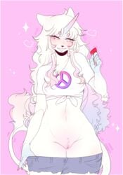 anthro blush breasts genitals hair hi_res mammal nadacheruulewd pink_background pubes pussy simple_background white_background white_hair wide_hips