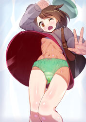 1girls accidental_exposure alternate_version_available backpack bag bangs blue_background blush blushing blushing_at_viewer bob_cut bow bow_panties breasts brown_eyes brown_hair cardigan clothed clothed_female clothing dress dress_lift embarrassed female female_focus female_only foreshortening from_below fully_clothed gloria_(pokemon) green_headwear green_panties grey_cardigan hand_on_head hand_on_own_head hat hat_loss headwear human knees_together light_blush long_sleeves looking_at_viewer midriff navel nintendo no_bra one_eye_closed open_mouth outstretched_arms panties pantyshot pee pee_stain peeing peeing_self perky_breasts pink_dress piss pissing pokemon pokemon_ss shiny shiny_hair shiny_skin short_hair simple_background skinny skinny_girl small_breasts solo solo_female solo_focus stained_panties sweat sweatdrop tam_o'_shanter underwear visible_breath waka_nantoka wardrobe_malfunction wince wind wind_lift