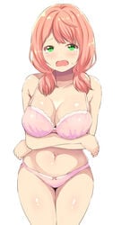 bang_dream! blush bra breasts cleavage cowboy_shot embarrassed eyebrows_visible_through_hair female green_eyes large_breasts legs low_twintails medium_hair navel open_mouth owafu panties pink_hair short_twintails simple_background standing stomach tears twintails uehara_himari white_background