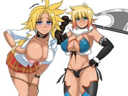 2girls bare_midriff big_breasts blonde_hair blue_eyes breasts caughtpoe choker clothing crossover dark-skinned_female dark_skin elda_ballad energy_kyouka!! female female_only gyaru large_breasts looking_at_viewer lowres multiple_girls nipple nipples one_breast_out panties panties_down shiraishi_kyouka skirt smile tagme yellow_hair youkoso!_sukebe_elf_no_mori_e