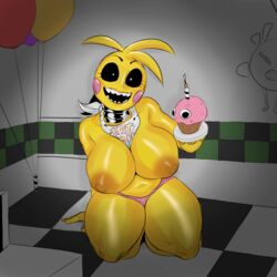 1girls animatronic anthro bib big_breasts breasts breasts_out cleavage clothing color color_edit colored cupcake cupcake_(fnaf) curvy detnox edit eyelashes female female_only five_nights_at_freddy's grey_background hourglass_figure huge_breasts large_breasts looking_at_viewer mostly_nude no_bra on_knees open_mouth open_smile panties partially_clothed pink_panties rainbow_sprinkles rosy_cheeks sharp_teeth simple_background solo solo_female teeth thick_thighs topless toy_chica_(fnaf) updated voluptuous white_pupils yellow_body