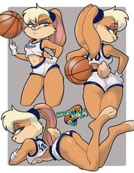 2020 2020s 3_toes anthro ass ball barefoot basketball_(ball) basketball_uniform blonde_hair blue_eyes booty_shorts breasts buckteeth centinel303 clothed clothing eyelashes feet female fur furry furry_only grey_background hair hand_on_hip holding_ball holding_object lagomorph leporid lola_bunny looking_back looney_tunes lying mammal on_front pink_nose rabbit short_hair simple_background smile solo space_jam sportswear tail teeth toes under_boob uniform warner_brothers