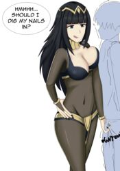 1boy 1girls ballbusting balls balls_fondling balls_grab black_hair blunt_bangs bodystocking breasts bridal_gauntlets cleavage clothed_female english_text female femdom fire_emblem fire_emblem_awakening licking licking_lips long_hair male malesub nails nintendo pakku1311 plain_background revealing_clothes speech_bubble squeezing_balls straight text tharja_(fire_emblem) tongue tongue_out white_background