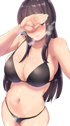 bang_dream! bikini black_hair blush breasts cleavage closed_mouth covered_eyes cowboy_shot female heavy_breathing highres identity_censor large_breasts long_hair navel owafu purple_eyes shirokane_rinko simple_background skindentation solo stomach sweat swimsuit white_background