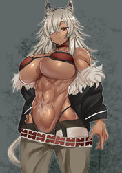 1girls abs animal_ear_fluff animal_ears bare_shoulders belt bikini black_jacket breasts cat_ears cat_tail choker dark-skinned_female dark_skin expressionless eyepatch facial_scar fur-trimmed_jacket fur_trim ghislaine_dedoldia green_pants grey_background grey_hair hand_on_hip highleg highleg_bikini jacket large_breasts midriff muscular muscular_female mushoku_tensei navel off_shoulder open_pants pants red_choker red_eyes scar scar_on_cheek scar_on_face scar_on_stomach simple_background solo swimsuit tail tomliat underboob