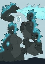 1girls anthro atomic_breath back_spines big_breasts black_body black_sclera blue_eyes blue_scales breasts featureless_breasts female female_only glowing_eyes glowing_spikes godzilla godzilla_(series) highres kaiju monster no_nipples reptile scales scalie skwidbone solo solo_female