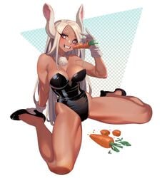 breasts bunny_ears bunnysuit carrot gloves heart-shaped_pupils high_heels hongcasso leotard miruko my_hero_academia rumi_usagiyama spread_legs tagme white_hair