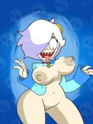 big_breasts big_nipples brawl_stars breasts colette_(brawl_stars) female hyper_eyes milk nipples pubic_hair pussy tongue tongue_out white_hair