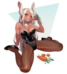 breasts bunny_ears bunnysuit carrot eating female female_only gloves heart-shaped_pupils high_heels hongcasso leotard looking_at_viewer miruko my_hero_academia pantyhose rumi_usagiyama solo solo_focus spread_legs tagme white_background white_hair