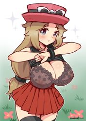 1girls alternate_breast_size areolae big_breasts blonde_hair blue_eyes bra breasts cleavage female female_only flashing hat huge_breasts human human_only lingerie long_hair nintendo nipples_visible_through_bra pokemon pokemon_xy serena_(pokemon) serena_(pokemon_games) shiny_skin shirt_lift shirt_up skirt solo solo_female stockings sunglasses sunglasses_on_hat virus-g