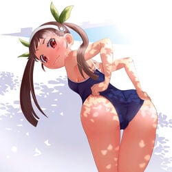 1girls ass ass_focus bakemonogatari bent_over black_hair flat_chest hachikuji_mayoi hand_on_ass long_hair monogatari_(series) one-piece_swimsuit presenting presenting_hindquarters red_eyes smile solo swimsuit