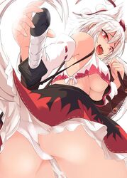 ass fangs kagami_toufu looking_down momiji_inubashiri panties red_eyes skirt skirt_lift tagme tail touhou underboob white_hair white_panties wolf_ears wolf_girl wolf_tail