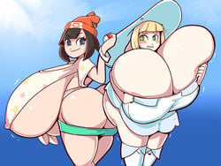 2girls alternate_breast_size ass ass_cleavage breast_expansion breasts breasts_bigger_than_head butt_crack clenched_teeth female female_only green_eyes huge_breasts human hyper lillie_(pokemon) multiple_girls nintendo pokemon pokemon_sm royaloppai selene_(pokemon) underboob