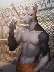 abs anthro bull_terrier exterior male_only muscular muscular_male nipples obliques pecs ryker_(wildering) shirtless smoking