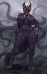 anthro claws honovy mask monster_girl nipple_piercing purple_skin shadow tagme tentacle