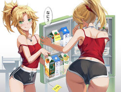 1girls ass back backboob bare_shoulders blonde_hair braid breasts camisole carton cleavage eyebrows eyebrows_visible_through_hair eyelashes eyelashes_visible_through_hair fate/apocrypha fate_(series) female female_ass female_only french_braid from_behind green_eyes grey_shorts hair_ornament hair_scrunchie highres legs legs_together licking_lips long_hair mordred_(fate) multiple_views ponytail red_camisole refrigerator scrunchie short_shorts shorts sideboob sidelocks small_breasts solo solo_female thigh_gap thighs tonee white_background