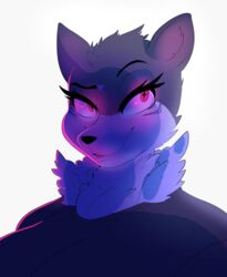 2018 anthro breasts canid canine canis capdocks clothed clothing eyebrows female frankie_(capdocks) fur glowing glowing_eyes grey_body grey_fur mammal neck_tuft pink_eyes raised_eyebrow simple_background smile solo star_eyes symbol-shaped_pupils tagme tuft unusual_pupils were werecanid werecanine werewolf white_background white_body white_fur wolf