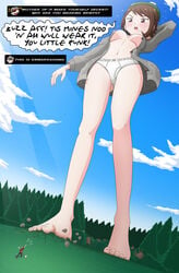 1boy 1boy1girl 1girls barefoot breasts briefs clouds color drool_on_face feet female forest game_freak giantess gloria_(pokemon) groggy grookey hat human larger_female looking_down low-angle_view male nipples open_shirt outdoors outside pokemon pokemon_ss scorbunny size_difference sky smaller_male sobble text thedaibijin tighty_whities toes victor_(pokemon) video_games