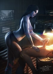 1boy 1girls 3d areolae ass autodesk_maya balls big_breasts big_penis breasts erection female handjob large_breasts light-skinned_male male nipples overwatch penis straight testicles vgerotica widowmaker