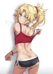 1girls 2020s 2021 ass ass_cleavage back bangs bare_shoulders black_shorts blonde_hair blush braid breasts butt_crack camisole closed_mouth dolphin_shorts eyebrows eyebrows_visible_through_hair eyelashes eyelashes_visible_through_hair fang fang_out fate/apocrypha fate_(series) female female_ass female_only french_braid from_behind green_eyes hair_ornament hair_scrunchie jewelry long_hair looking_at_viewer looking_back mordred_(fate) multicolored_bottomwear necklace oerba_yun_fang parted_bangs ponytail rear_view red_camisole red_scrunchie scrunchie short_shorts shorts shoulder_blades side_slit sidelocks simple_background smile solo solo_female strap_pull thighs tomboy tonee undressing white_background