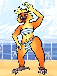 3:4 absurd_res anthro avian bay bikini bird bulge clothed clothing colored_nails crossdressing gallardo genitals girly hand_on_hip hi_res male nails open_mouth penis red_eyes sky solo swimwear tongue tongue_out v