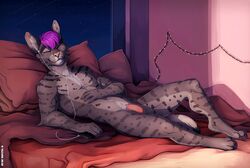 anthro bed cel_shading closed_eyes domestic_cat earpod felid feline felis flaccid furniture genitals hair listening_to_music lying male mammal mixed_breed on_back penis purple_hair relaxing savannah_cat shaded solo tazara