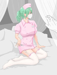 1girls alternate_costume alternate_version_available bed byleth_(fire_emblem) byleth_(fire_emblem)_(female) curtains female female_focus fire_emblem fire_emblem:_three_houses green_hair kneeling looking_to_the_side nintendo nurse nurse_costume offscreen_male on_bed ponytail surgical_mask tanimadayo thighhighs