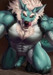 2021 5_fingers abs adios amber_eyes anthro armpit_hair balls beard biceps black_nose black_sclera blue_body blue_scales bodily_fluids body_hair breasts canid canine canis chest_hair chest_tuft claws dragon dripping erection facial_hair fangs fingers fur genital_fluids genitals hair hi_res horn hybrid kneeling licking licking_lips looking_at_viewer male male_only mammal muscular muscular_anthro muscular_male nude open_mouth pecs penis precum precum_drip precum_on_penis pubes quads rymulus saliva saliva_on_tongue scales sharp_teeth solo teeth toe_claws tongue tongue_out triceps tuft white_body white_fur white_hair wolf yellow_eyes