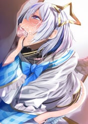 1boy amane_kanata angel_wings bad_id blue_hair blush censored cock_sleeve colored_inner_hair cum cum_in_mouth cum_in_throat deepthroat deepthroat_smile eyebrows_visible_through_hair fellatio female fumihiko_(pixiv2658856) hair_ornament halo heart heart-shaped_pupils highres holoforce hololive hololive_japan mosaic_censoring multicolored_hair open_mouth oral penis saliva short_hair silver_hair socks straight streaked_hair symbol-shaped_pupils virtual_youtuber wings