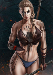 1girls assassin's_creed_(series) assassin's_creed_valhalla blonde_hair blue_eyes bodypaint bow bra braided_hair braided_ponytail child_bearing_hips clothed clothing dandon_fuga eivor_varinsdottir germanic holding_weapon medieval medium_breasts nordic northern_european pale-skinned_female pale_skin panties ponytail scar solo solo_female solo_focus sword tattoo tattoos toned toned_female ubisoft underwear viking weapon white_woman