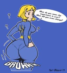 1girls ass ass_expansion bethesda_softworks big_ass big_butt bimbo blonde bottom_heavy breasts bubble_ass bubble_butt clothed clothed_female clothing color confusion curvy english_dialogue english_text fallout female female_focus female_only fully_clothed growth hands_on_hips jumpsuit large_ass looking_at_viewer looking_back medium_breasts mob_face oblivious presenting presenting_hindquarters short_hair signature simple_background solo solo_female solo_focus tail-blazer thick thick_ass thick_thighs thin thin_waist unaware vault_111 vault_girl vault_suit watermark wide_hips