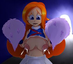 1girls big_breasts blue_eyes breasts cheerleader cheerleader_uniform female female_only lactating lactation mario_(series) milk mona_(warioware) nintendo orange_hair pom_poms public_exposure shirt_lift skirt solo tagme wario_(series) warioware warioware:_smooth_moves wildswingding