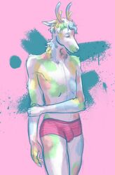 2020 anthro antlers balls bottomwear bulge candy cervid cervine clothed clothing cotton_candy dessert digital_drawing_(artwork) digital_media_(artwork) food full-length_portrait fur genitals hair hi_res horn looking_away male mammal mewverns portrait shy simple_background solo underwear