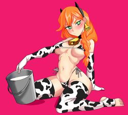 1girls alex_(minecraft) alternate_version_available bikini breasts bucket bucket_of_milk cow_print female female_only minecraft orange_hair void_dot_exe