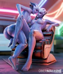 2girls 3d 3d_(artwork) areolae asari ass bioware black_nails blue_skin breasts feet female female_only large_breasts liara_t'soni mass_effect nail_polish nipples nude oiled oiled_skin painted_nails seated seductive_smile shiny shiny_skin smile ubermachineworks