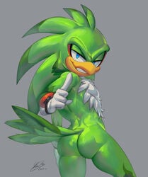 2020s 2021 5_fingers accipitrid accipitriform anthro ass avian beak bird blue_eyes chest_tuft clothing feathers fingers gloves gloves_only green_body green_feathers grey_background grey_body grey_feathers grin half-closed_eyes hand_on_leg hand_on_thigh handwear handwear_only hi_res jet_the_hawk looking_at_viewer looking_back male mostly_nude narrowed_eyes rear_view simple_background smile soina solo solo_male sonic_(series) sonic_riders sonic_the_hedgehog_(series) tail_feathers tuft white_clothing white_gloves yellow_beak