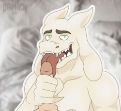 2020 5_fingers anthro asriel_dreemurr balls boss_monster bovid bovine caprine claws demondoggodamien digital_drawing_(artwork) digital_media_(artwork) duo erection fellatio fingers fur genitals goat hand_on_penis handjob horn human human_on_anthro humanoid_genitalia humanoid_penis interspecies licking long_ears looking_at_viewer male male/male male_penetrated male_penetrating male_penetrating_male mammal monster nude open_mouth oral oral_penetration penetration penile penis penis_on_tongue sex signature smile smirk tongue tongue_on_penis tongue_out undertale video_games white_body white_fur