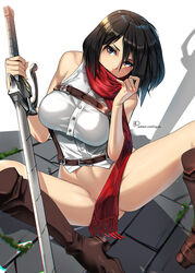 1girls attack_on_titan big_breasts black_hair blue_eyes bottomless cigusa convenient_censoring female female_only mikasa_ackerman no_panties red_scarf scarf solo tagme