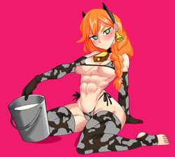 1girls abs alex_(minecraft) alternate_version_available annoyed bare_shoulders bikini bra breasts bucket bucket_of_milk cow_print embarrassed female female_only fit fit_female horn legwear milk minecraft orange_hair panties sitting solo sweat thighhighs toeless_legwear void_dot_exe