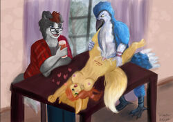 alcohol anthro avian beer beverage bird blue_jay bodily_fluids border_collie canid canine canis collie corvid cuckold cum cum_in_pussy cum_inside domestic_dog eyewear female female_penetrated flannel fox furniture genital_fluids ginger_drag0n glasses heart herding_dog jaxxy_fur jay_(bird) lilpika lying male male/female male_penetrating male_penetrating_female mammal missionary_position nadeah_fur new_world_jay on_back oscine passerine pastoral_dog penetration sex sheepdog table