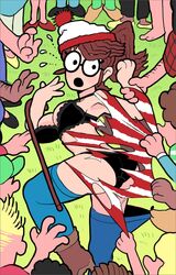 2021 arm_grab ass assisted_exposure black_bra black_panties bra breasts brown_hair cane crowd female gashi-gashi glasses grabbing hat panties ripped_clothing rule_63 stripped surprised torn_clothes underwear waldo where's_waldo