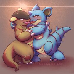 bodily_fluids duo female female/female feral feral_on_feral fight french_kissing genital_fluids hi_res kangaskhan kissing making_out nidoqueen nintendo pokemon pokemon_(species) pussy_juice saliva saliva_string sexfight sweat tourmalice video_games yuri