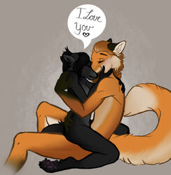 anthro ash_(character) auburn_hair black_body black_fur black_hair bonding canid canine canis closed_eyes crowsfire cuddling duo facial_hair female fox fur goatee hair hi_res holding_butt love lucient male male/female mammal moustache orange_body orange_fur ponytail romantic_couple sex skinny slim wolf