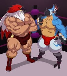 2021 2boys absurd_res anthro avian bara bird blush breath_of_the_wild bulge duo garou:_mark_of_the_wolves hi_res kass_(zelda) king_of_fighters male male_only muscular muscular_anthro muscular_male nintendo rito snk sssonic2 the_legend_of_zelda tizoc video_games