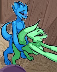 3_toes 4_fingers anthro bent_over blue_body blush breasts closed_eyes cyan_(kobold_adventure) eyelashes feet female fingers green_body hands_on_hips hi_res kobold kobold_adventure lizard looking_pleasured male male/female moe_(kobold_adventure) nipples nude open_mouth public raised_tail reptile scalie sex standing tfzn toes tongue tongue_out