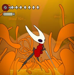 anthro arthropod cape cloak clothed clothed_sex clothing creature_inside female gameplay_mechanics health_bar hollow_knight hornet_(hollow_knight) insects male male/female pornwhal red_cape sex solo standing team_cherry tentacle video_games weapon