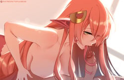 1boy 1girls bangs bare_shoulders breasts collarbone commentary english_commentary erection eyebrows_visible_through_hair eyes_visible_through_hair fellatio female forked_tongue hair_ornament indoors lamia large_breasts lips long_hair long_tongue looking_at_viewer male miia_(monster_musume) monster_girl monster_musume_no_iru_nichijou nipples nude on_person open_mouth oral orange_hair patreon_username penis pointy_ears saliva saliva_trail straight sunlight tofuubear tongue tongue_out tonguejob uncensored window yellow_eyes